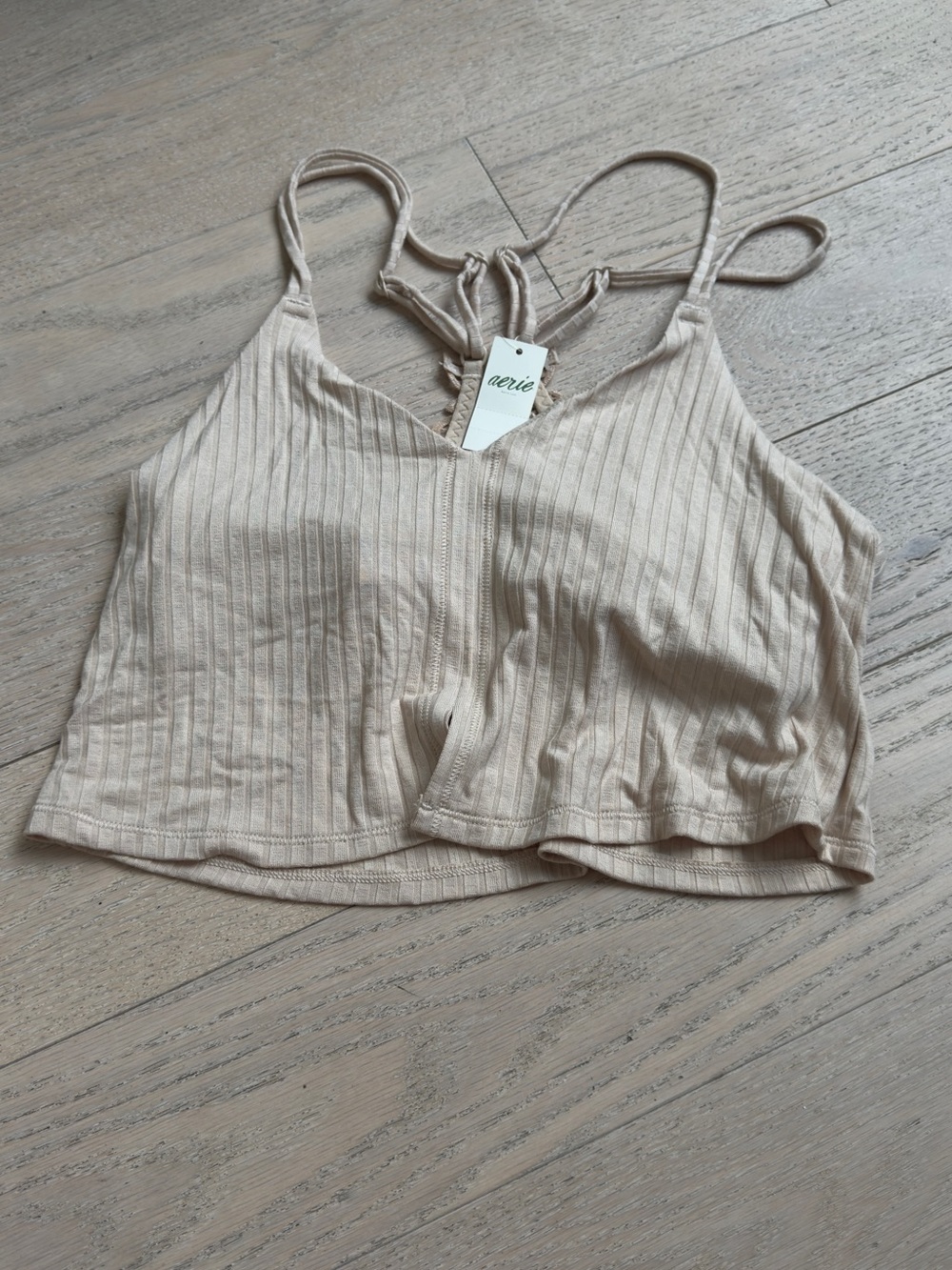 aerie Ribbed V-Neck Strappy Crop Tank in Light Beige